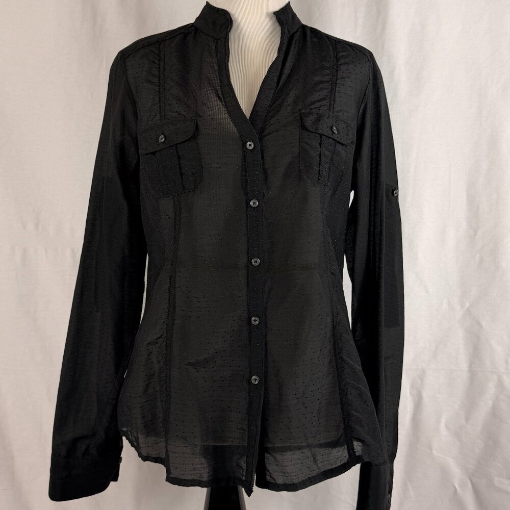 White House Black Market Women's Long Sleeve Button Down Sheer Top | Black | 4